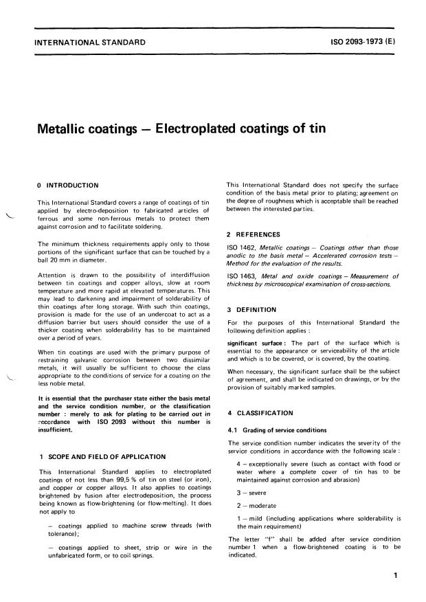 ISO 2093:1973 - Metallic coatings -- Electroplated coatings of tin