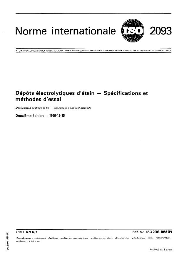 ISO 2093:1986 - Dépôts électrolytiques d'étain -- Spécifications et méthodes d'essai