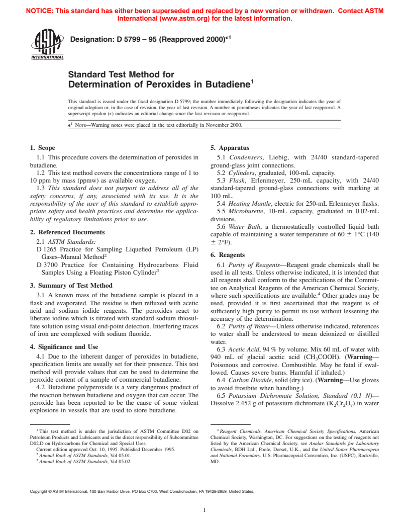 ASTM D5799-95(2000)e1 - Standard Test Method for Determination of Peroxides in Butadiene