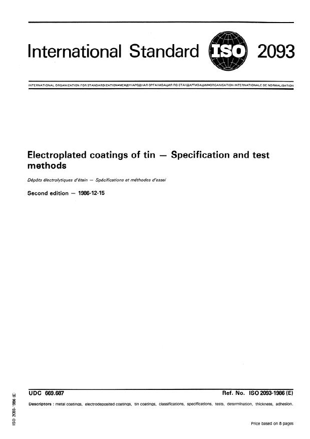 ISO 2093:1986 - Electroplated coatings of tin -- Specification and test methods