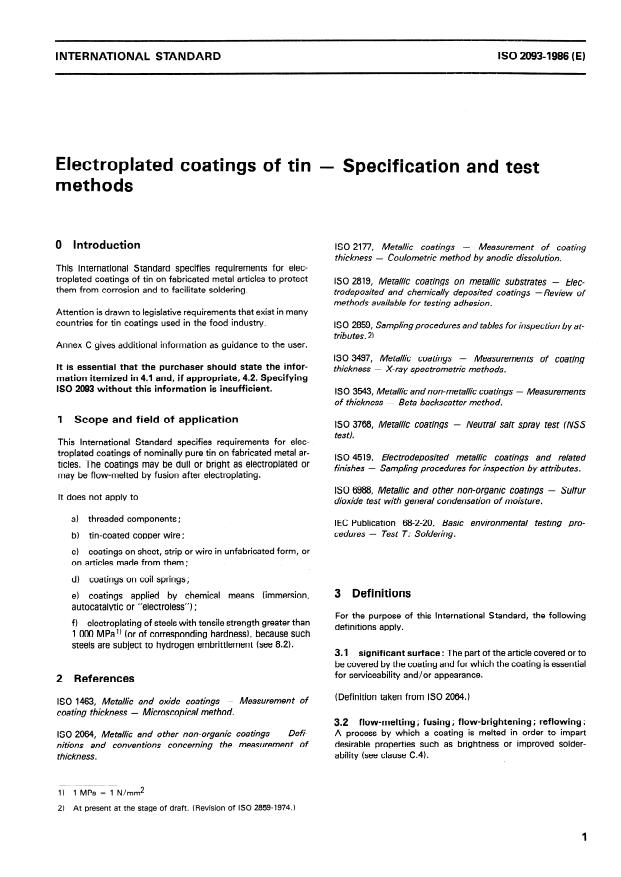 ISO 2093:1986 - Electroplated coatings of tin -- Specification and test methods