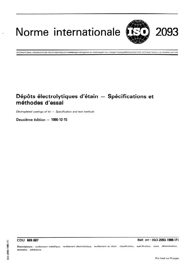 ISO 2093:1986 - Dépôts électrolytiques d'étain -- Spécifications et méthodes d'essai