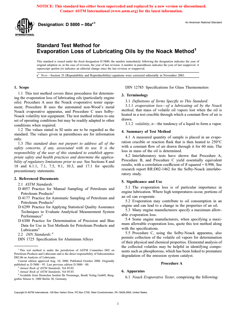 ASTM D5800-00ae1 - Standard Test Method for Evaporation Loss of Lubricating Oils by the Noack Method