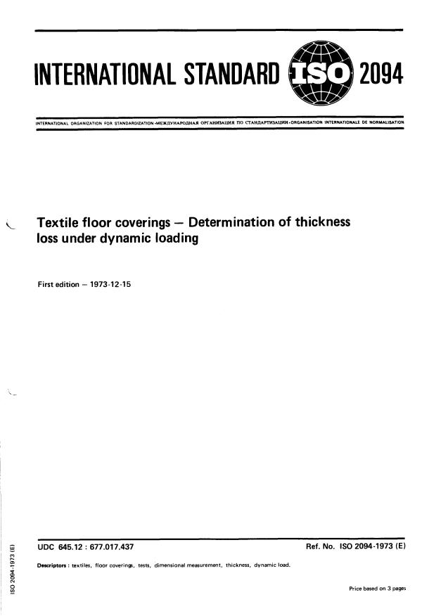 ISO 2094:1973 - Textile floor coverings -- Determination of thickness loss under dynamic loading
