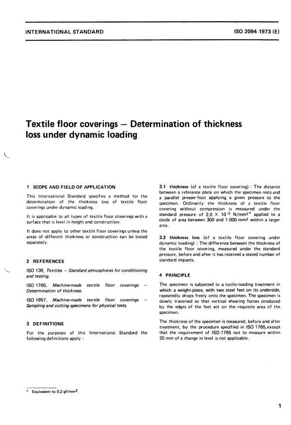 ISO 2094:1973 - Textile floor coverings -- Determination of thickness loss under dynamic loading