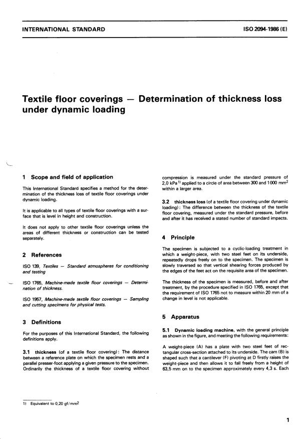 ISO 2094:1986 - Textile floor coverings -- Determination of thickness loss under dynamic loading