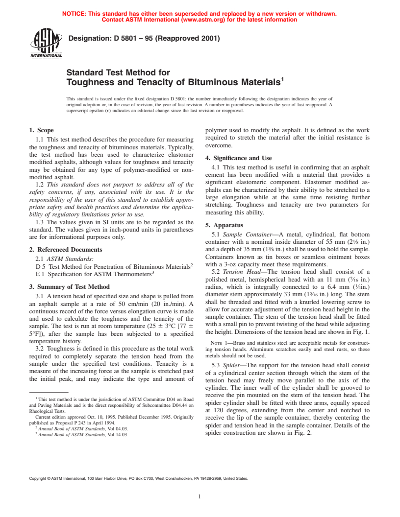 ASTM D5801-95(2001) - Standard Test Method for Toughness and Tenacity of Bituminous Materials