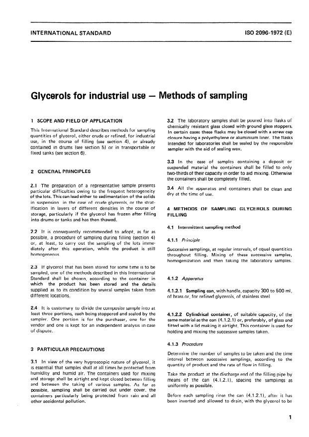 ISO 2096:1972 - Glycerols for industrial use -- Methods of sampling