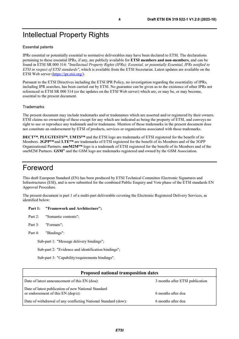SIST EN 319 522-1 V1.2.1:2024 ETSI EN 319 522-1 V1.2.0 (2023-10) - Electronic Signatures and Infrastructures (ESI); Electronic Registered Delivery Services; Part 1: Framework and Architecture - Page 4 preview