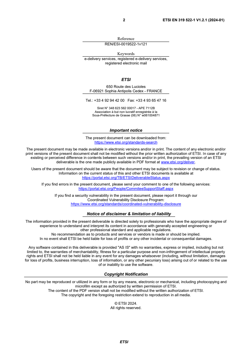 SIST EN 319 522-1 V1.2.1:2024 ETSI EN 319 522-1 V1.2.1 (2024-01) - Electronic Signatures and Infrastructures (ESI); Electronic Registered Delivery Services; Part 1: Framework and Architecture - Page 2 preview