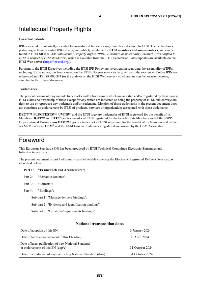 SIST EN 319 522-1 V1.2.1:2024 ETSI EN 319 522-1 V1.2.1 (2024-01) - Electronic Signatures and Infrastructures (ESI); Electronic Registered Delivery Services; Part 1: Framework and Architecture - Page 4 preview