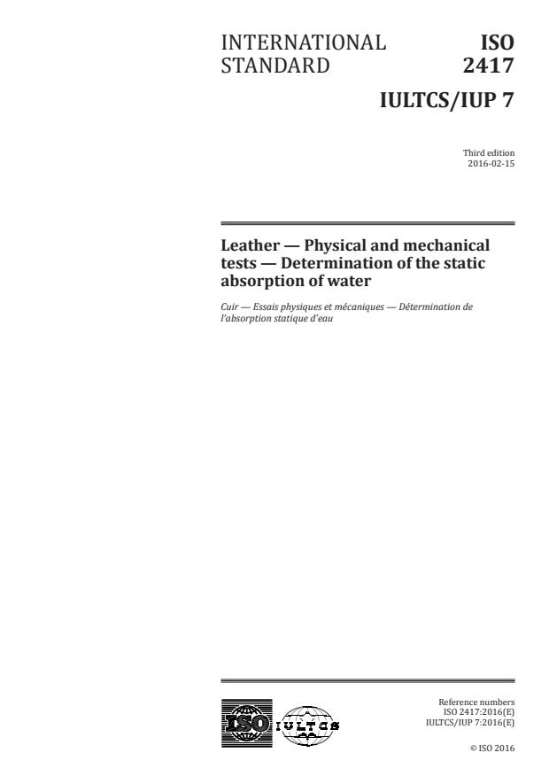 ISO 2417:2016 - Leather -- Physical and mechanical tests -- Determination of the static absorption of water