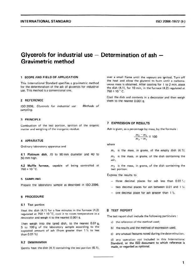 ISO 2098:1972 - Glycerols for industrial use -- Determination of ash -- Gravimetric method