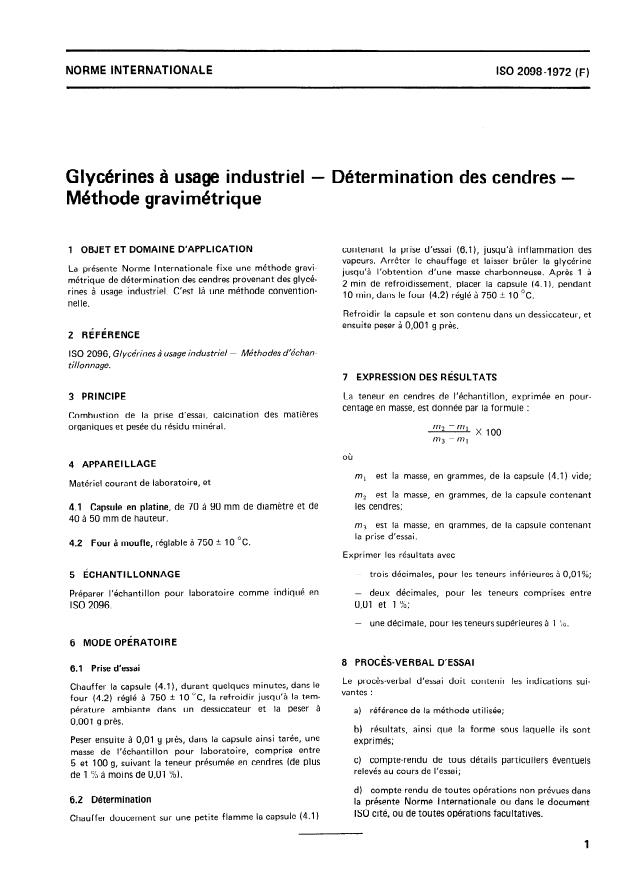 ISO 2098:1972 - Glycérines a usage industriel -- Détermination des cendres -- Méthode gravimétrique