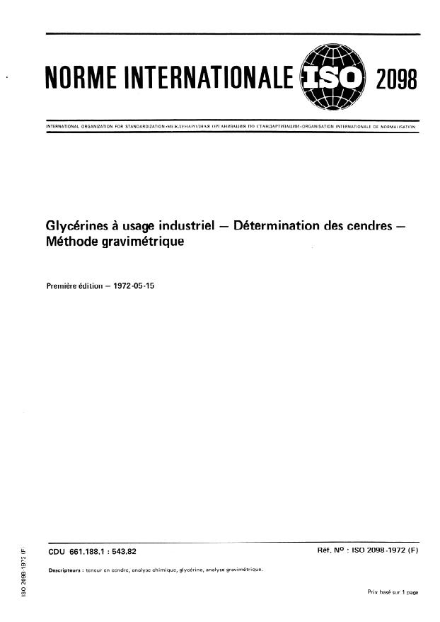 ISO 2098:1972 - Glycérines a usage industriel -- Détermination des cendres -- Méthode gravimétrique