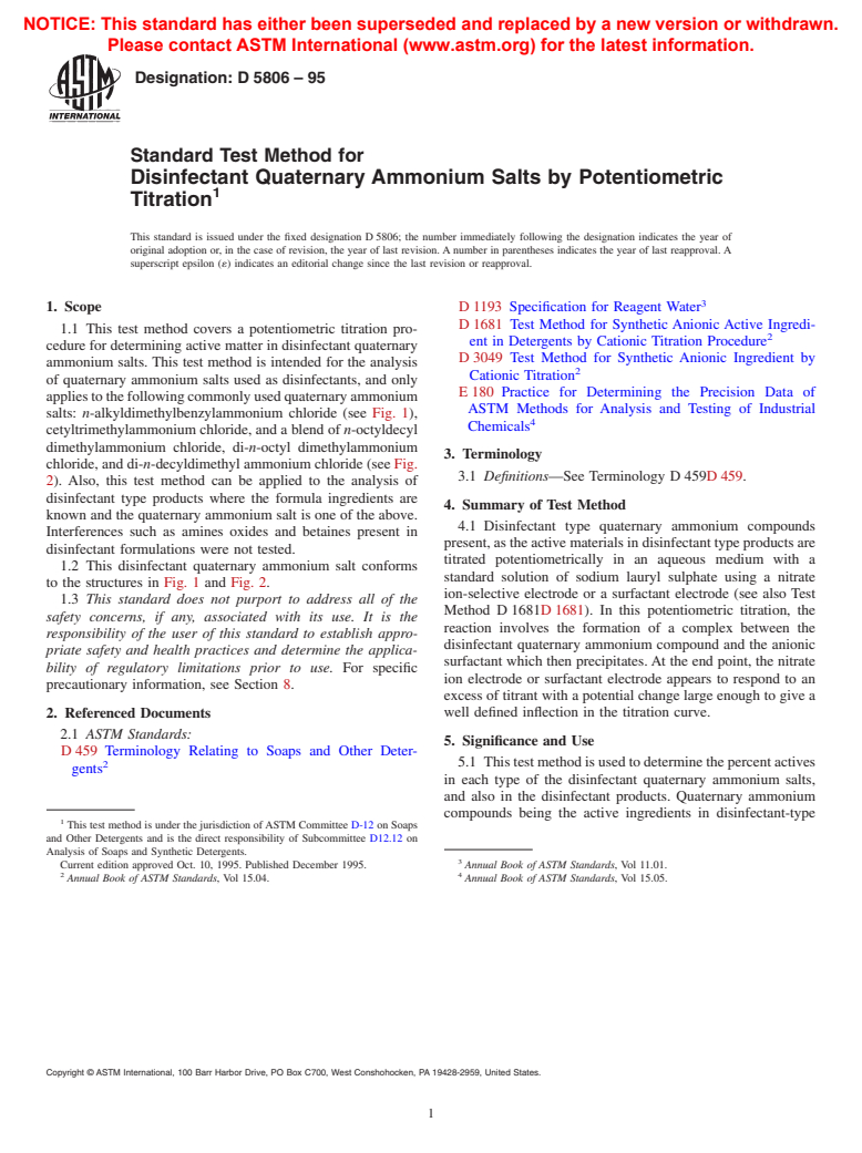 ASTM D5806-95 - Standard Test Method for Disinfectant Quaternary Ammonium Salts by Potentiometric Titration