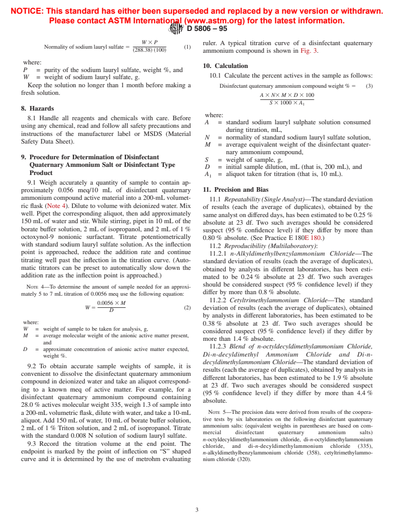 ASTM D5806-95 - Standard Test Method for Disinfectant Quaternary Ammonium Salts by Potentiometric Titration