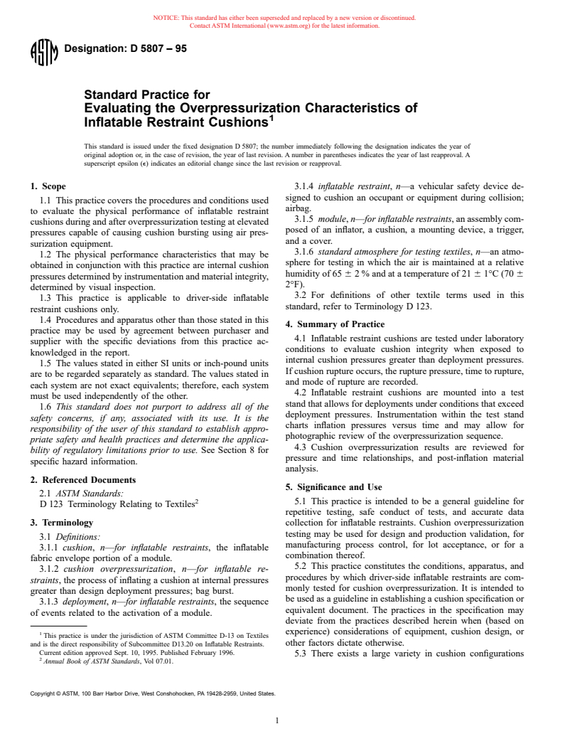 ASTM D5807-95 - Standard Practice for Evaluating the Overpressurization Characteristics of Inflatable Restraint Cushions