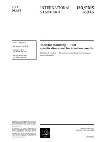 ISO 16916:2016 - Tools for moulding -- Tool specification sheet for injection moulds
