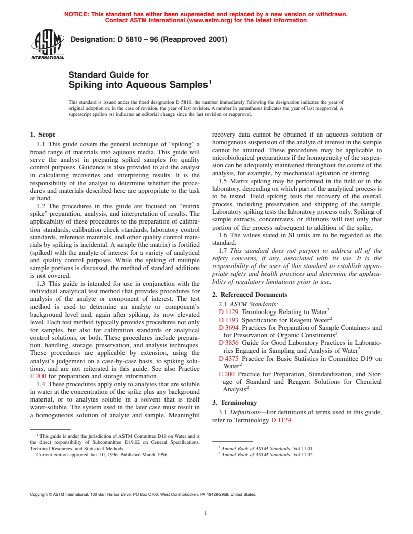 ASTM D5810-96(2001) - Standard Guide for Spiking into Aqueous Samples