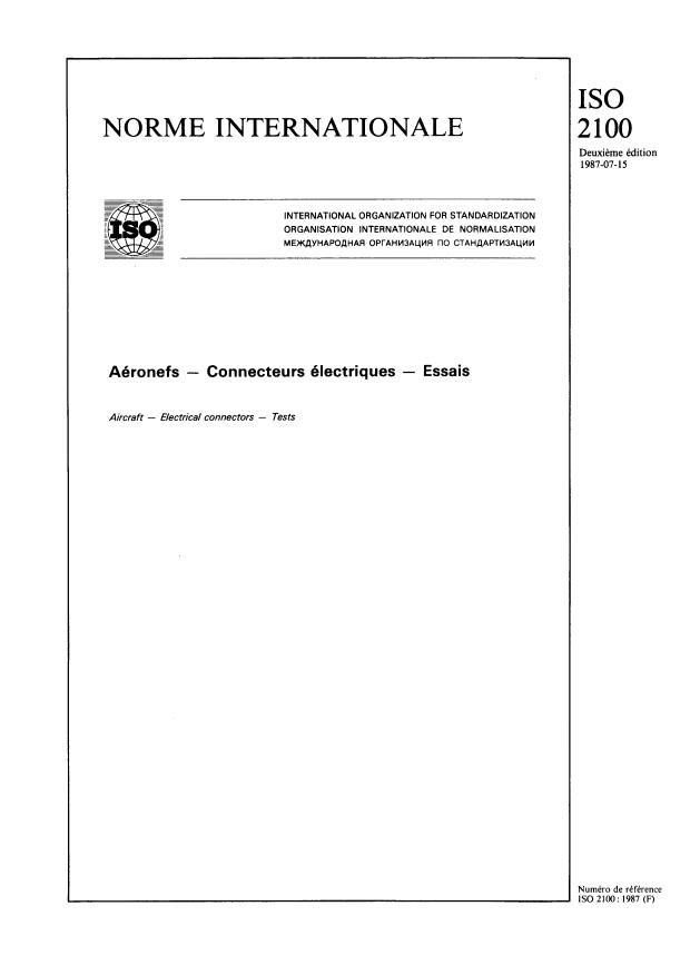ISO 2100:1987 - Aéronefs -- Connecteurs électriques -- Essais
