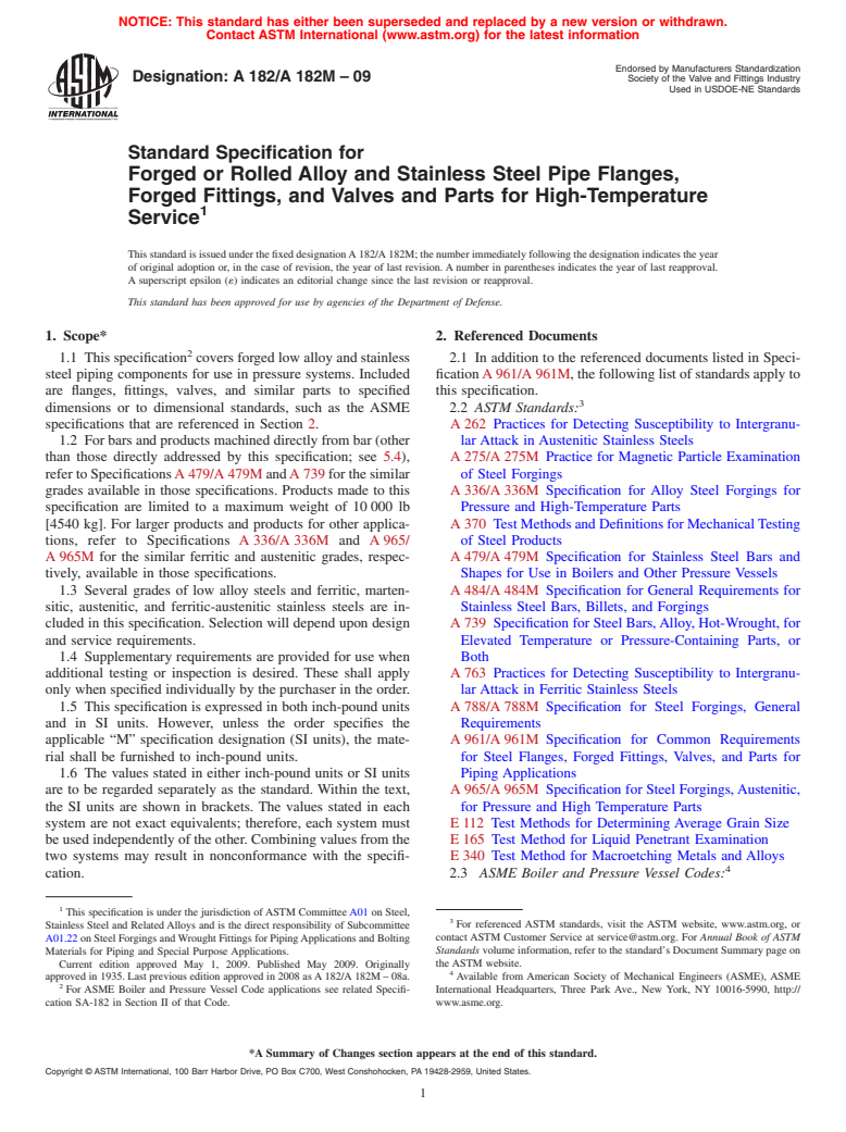 ASTM A182/A182M-09 - Standard Specification for  Forged or Rolled Alloy and Stainless Steel Pipe Flanges, Forged Fittings, and Valves and Parts for High-Temperature Service