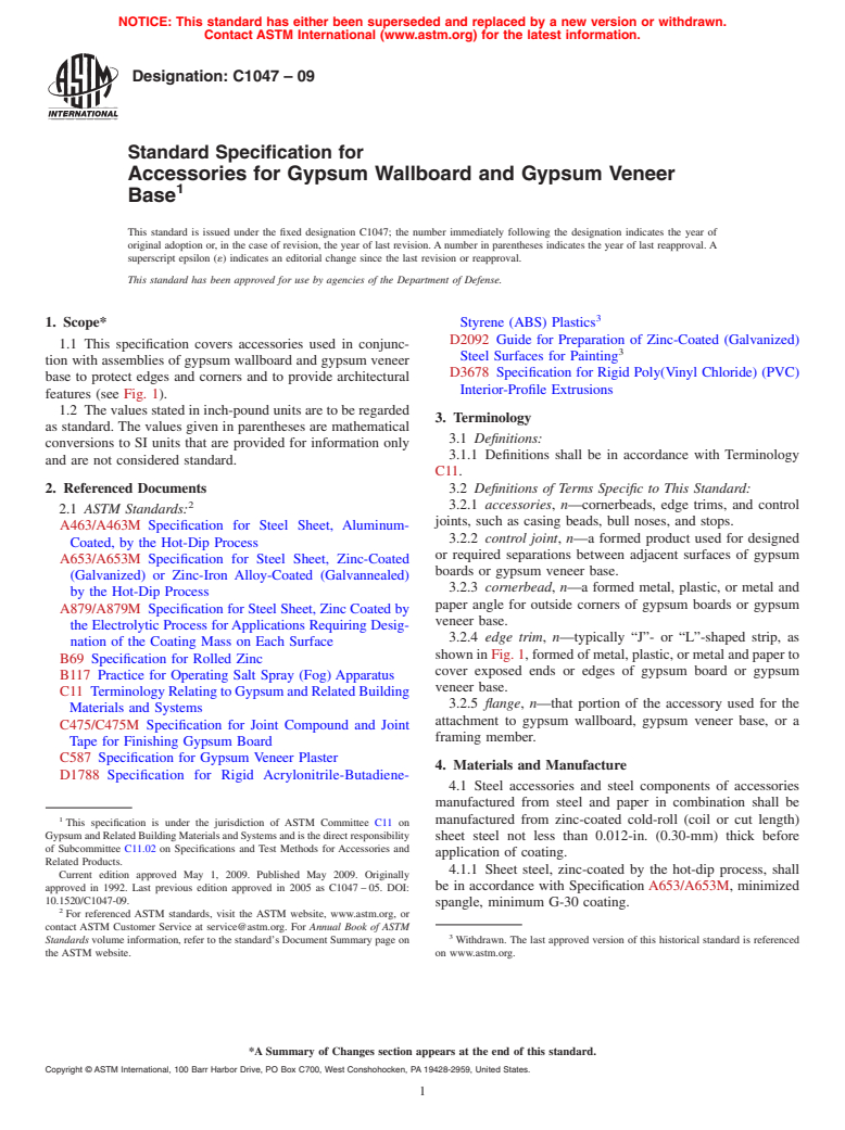 ASTM C1047-09 - Standard Specification for Accessories for Gypsum Wallboard and Gypsum Veneer Base