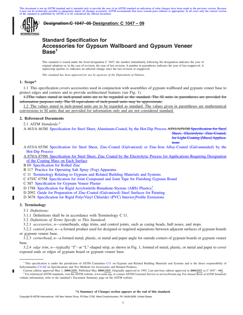 REDLINE ASTM C1047-09 - Standard Specification for Accessories for Gypsum Wallboard and Gypsum Veneer Base