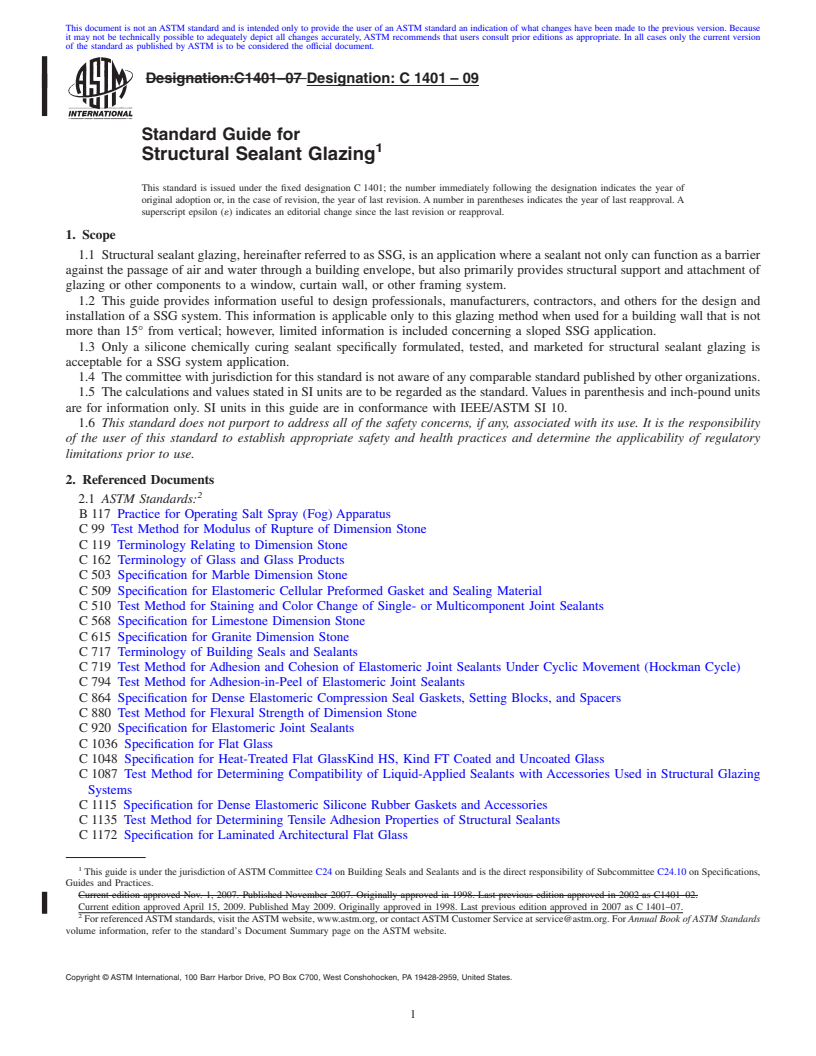 REDLINE ASTM C1401-09 - Standard Guide for Structural Sealant Glazing