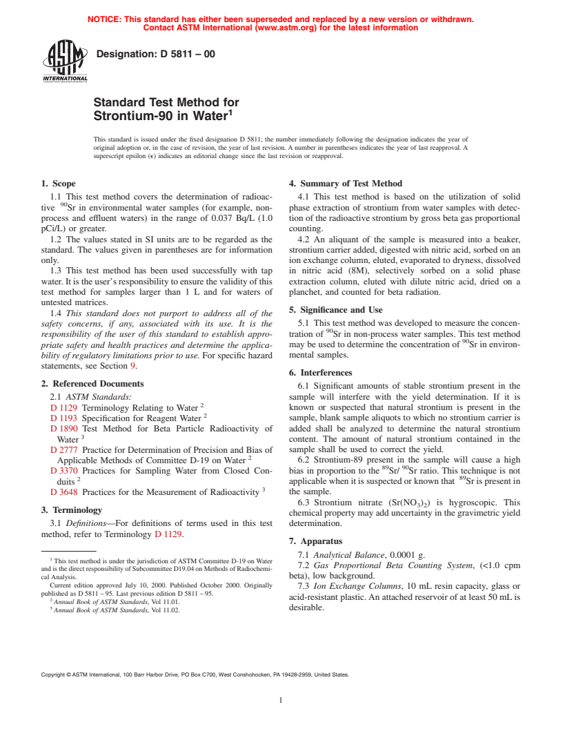 ASTM D5811-00 - Standard Test Method for Strontium-90 in Water