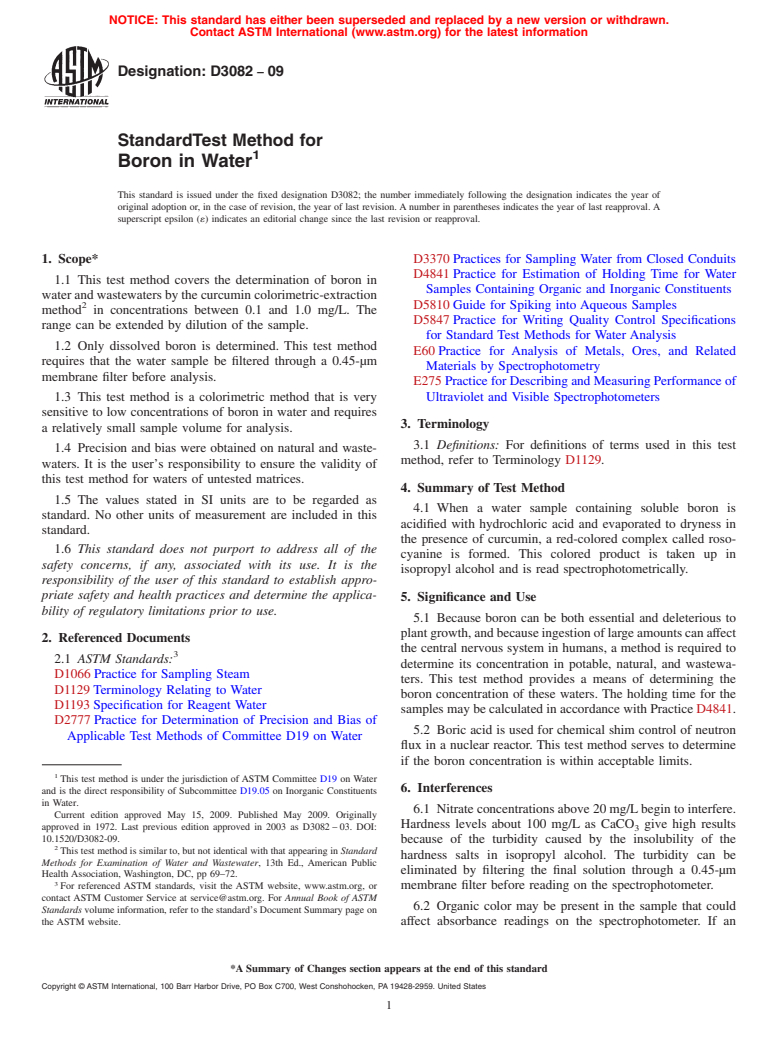 ASTM D3082-09 - Standard Test Method for  Boron in Water