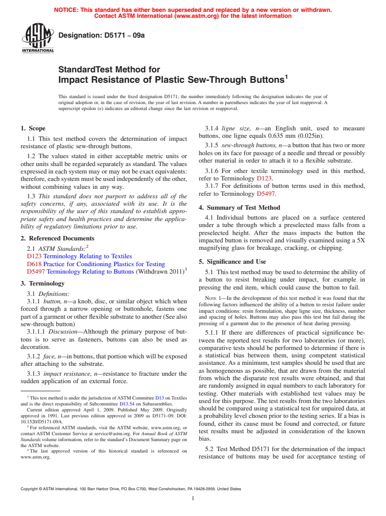 ASTM D5171-09a - Standard Test Method for Impact Resistance of Plastic Sew-Through Buttons