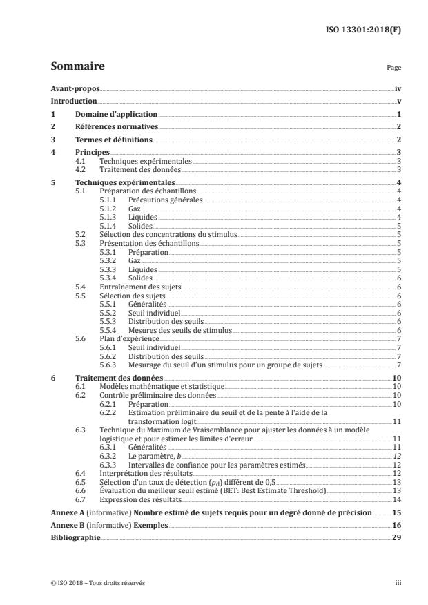 ISO 13301:2018 - Analyse sensorielle -- Méthodologie -- Recommandations générales pour le mesurage des seuils de détection d'odeur, de flaveur et de gout par une technique a choix forcé de 1 parmi 3 (3-AFC)