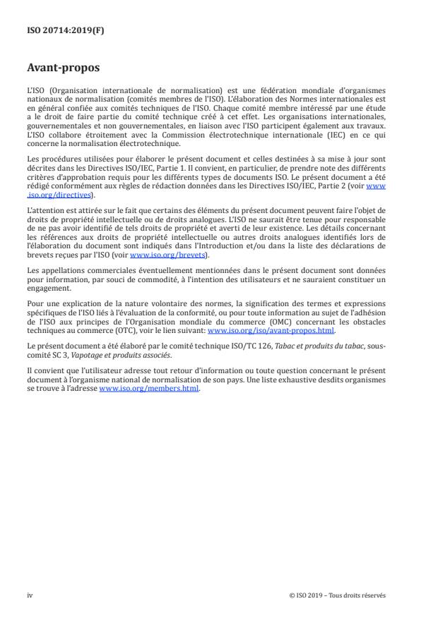 ISO 20714:2019 ISO 20714:2019 - E-liquide -- Détermination de la teneur en nicotine, propylene glycol et glycérol dans les liquides utilisés avec les systemes électroniques de délivrance de nicotine -- Méthode par chromatographie en phase gazeuse - Page 4 preview