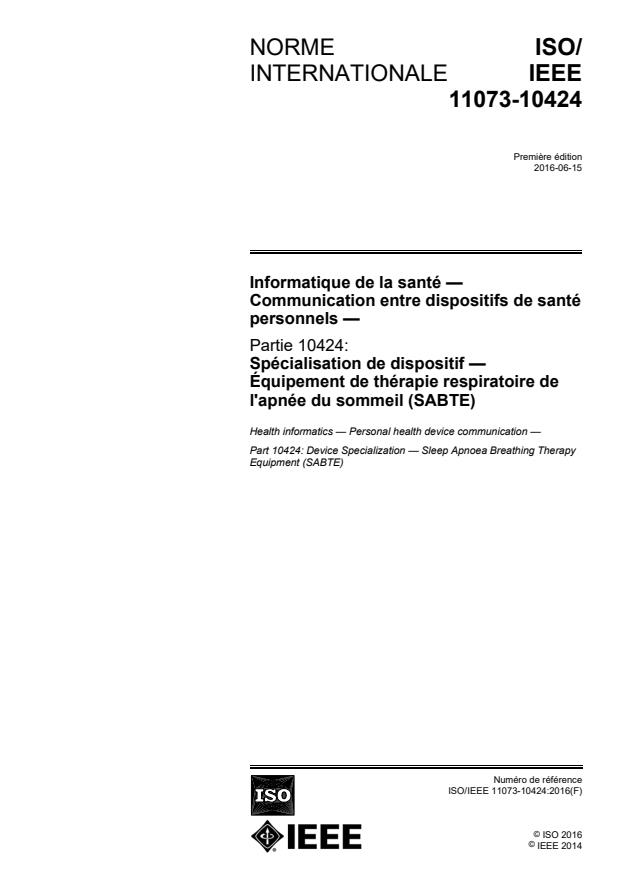 ISO/IEEE 11073-10424:2016 - Informatique de la santé -- Communication entre dispositifs de santé personnels