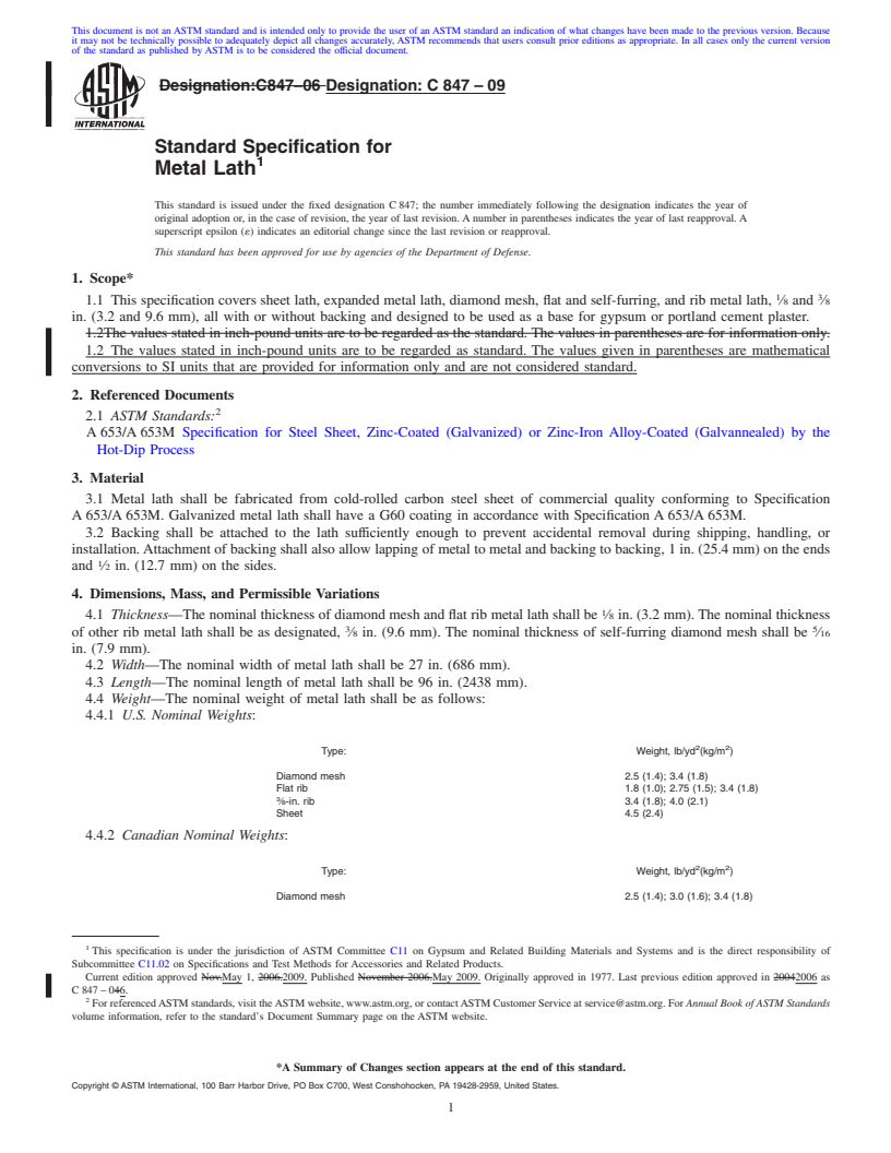 REDLINE ASTM C847-09 - Standard Specification for  Metal Lath