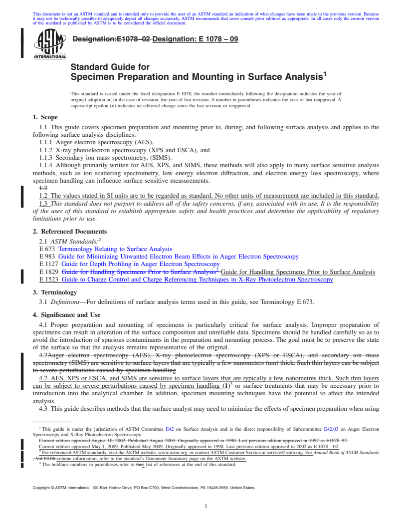 REDLINE ASTM E1078-09 - Standard Guide for  Specimen Preparation and Mounting in Surface Analysis