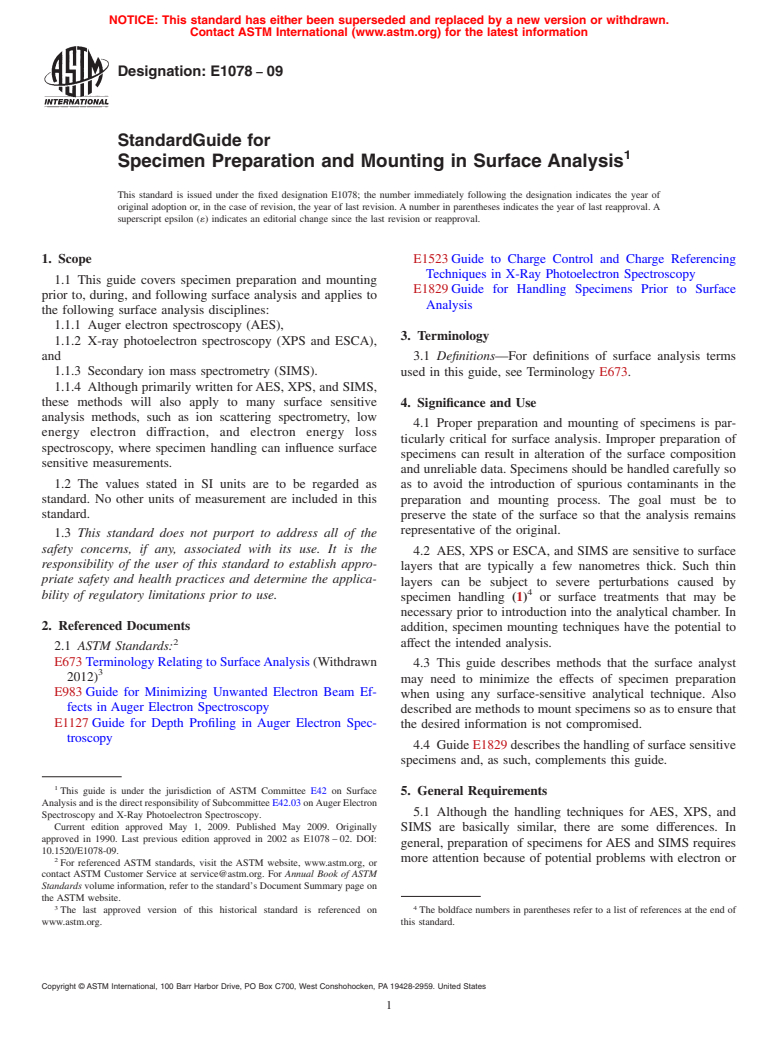 ASTM E1078-09 - Standard Guide for  Specimen Preparation and Mounting in Surface Analysis