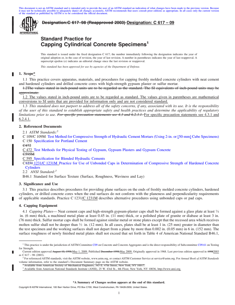 REDLINE ASTM C617-09 - Standard Practice for Capping Cylindrical Concrete Specimens