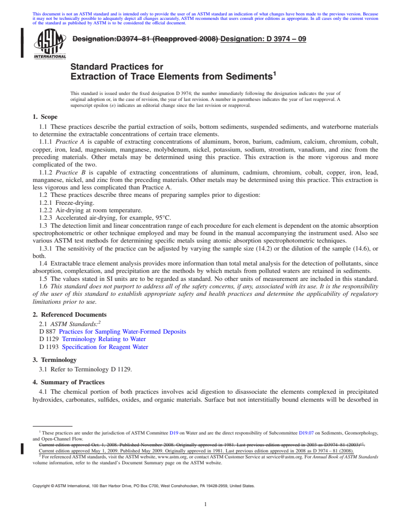 REDLINE ASTM D3974-09 - Standard Practices for  Extraction of Trace Elements from Sediments