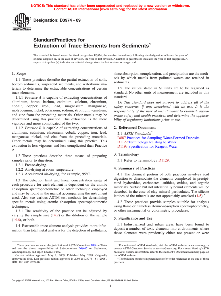 ASTM D3974-09 - Standard Practices for  Extraction of Trace Elements from Sediments