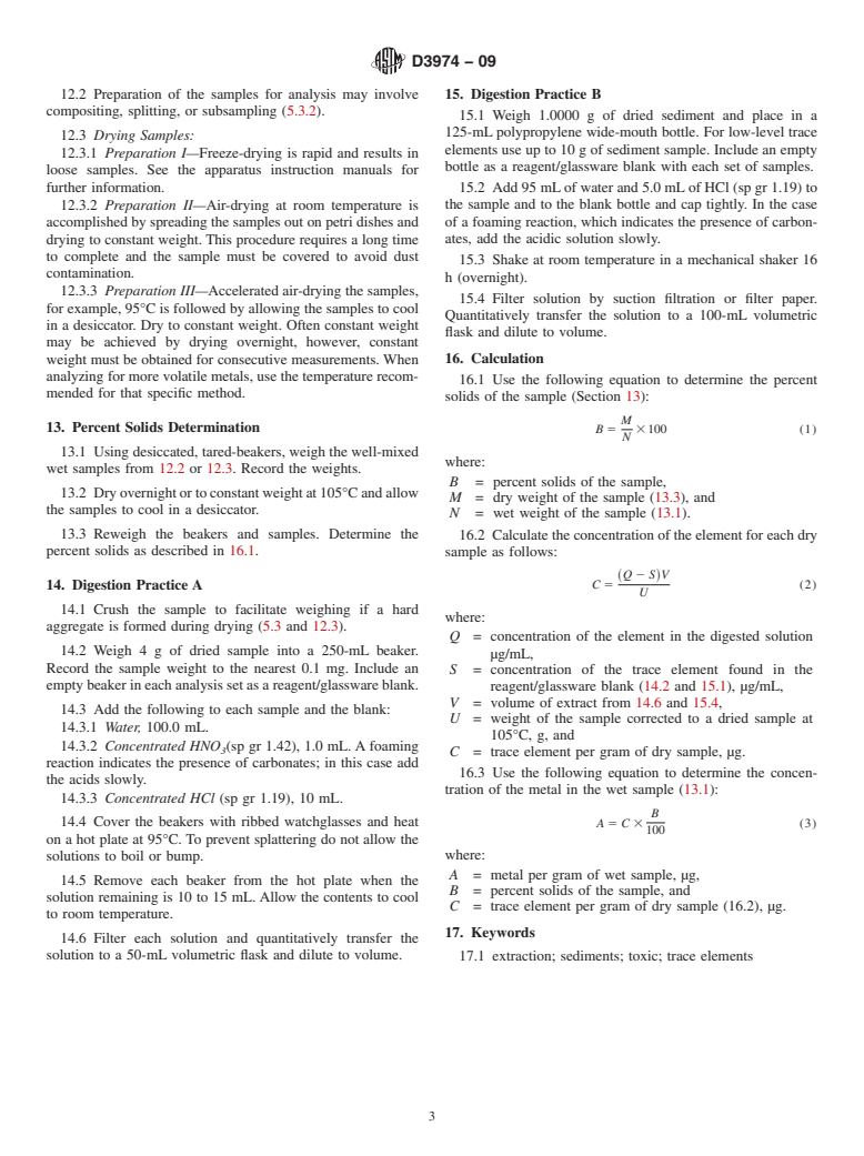 ASTM D3974-09 - Standard Practices for  Extraction of Trace Elements from Sediments