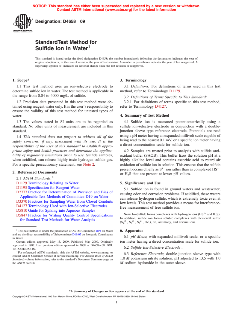 ASTM D4658-09 - Standard Test Method for  Sulfide Ion in Water