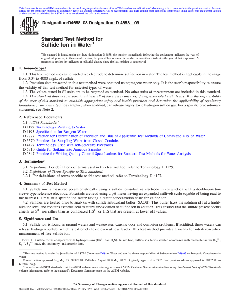 REDLINE ASTM D4658-09 - Standard Test Method for  Sulfide Ion in Water