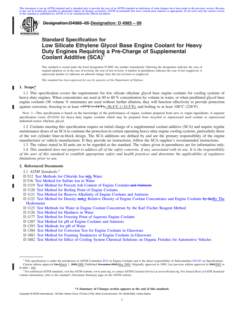 REDLINE ASTM D4985-09 - Standard Specification for Low Silicate Ethylene Glycol Base Engine Coolant for Heavy Duty Engines Requiring a Pre-Charge of Supplemental Coolant Additive (SCA)