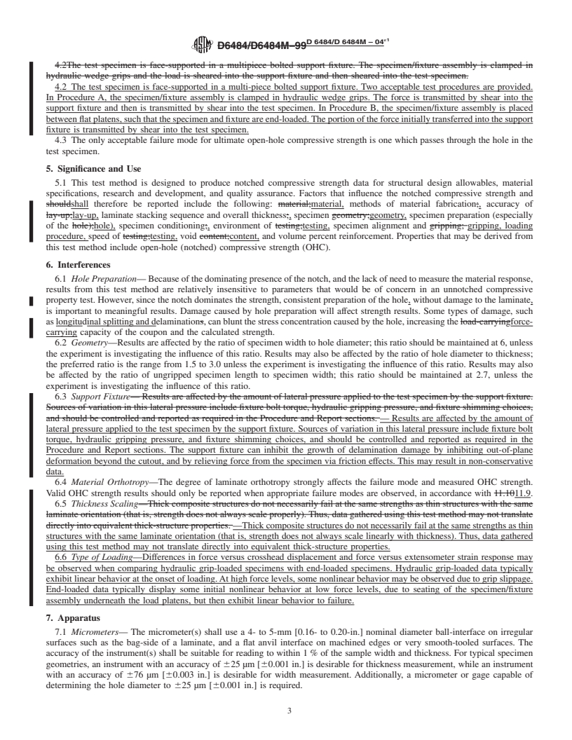 REDLINE ASTM D6484/D6484M-04e1 - Standard Test Method for Open-Hole Compressive Strength of Polymer Matrix Composite Laminates