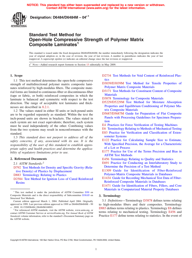 ASTM D6484/D6484M-04e1 - Standard Test Method for Open-Hole Compressive Strength of Polymer Matrix Composite Laminates