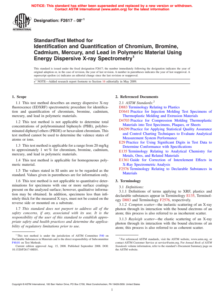ASTM F2617-08e1 - Standard Test Method for Identification and Quantification of Chromium, Bromine, Cadmium, Mercury, and Lead in Polymeric Material Using Energy Dispersive X-ray Spectrometry