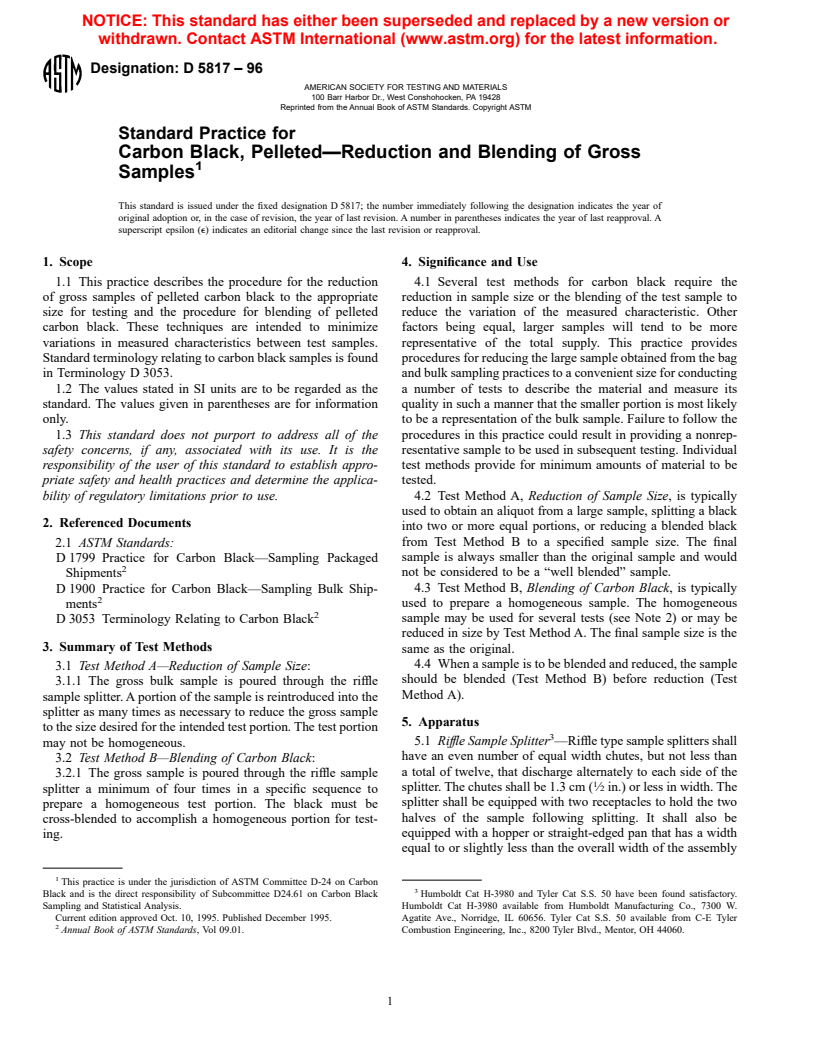 ASTM D5817-96 - Standard Practice for Carbon Black, Pelleted-Reduction and Blending of Gross Samples