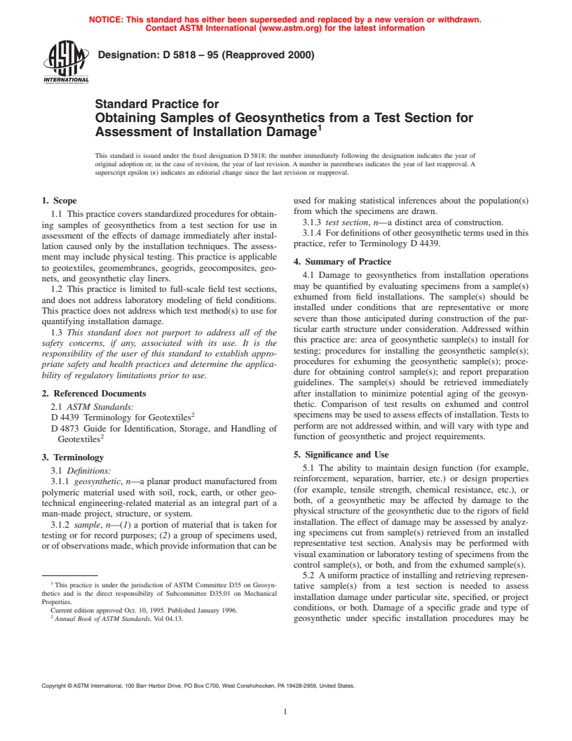 ASTM D5818-95(2000) - Standard Practice for Obtaining Samples of Geosynthetics from a Test Section for Assessment of Installation Damage